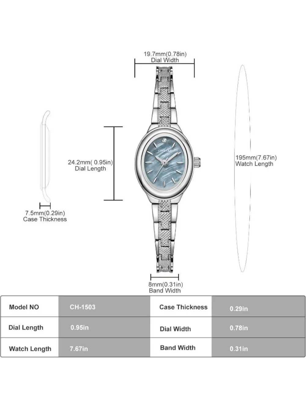 Women's Silver Blue Classic Retro Bracelet Oval Case and Minimalist Dial Watch